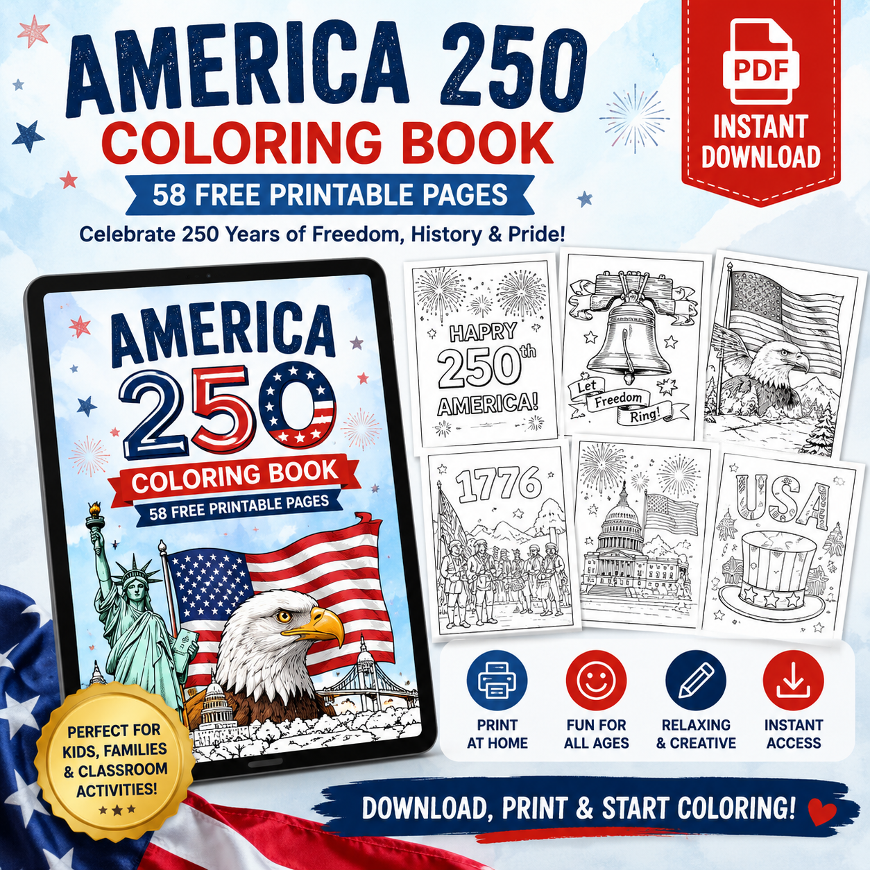 America 250 Coloring Book — 58 Printable Pages PDF