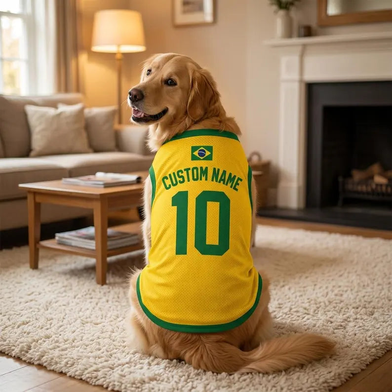 Pet Soccer Brazil Jersey, Team Dog Shirt, Game Day Outfit for Dogs, Brazil Baby Bodysuit, Custom Name Number Shirt