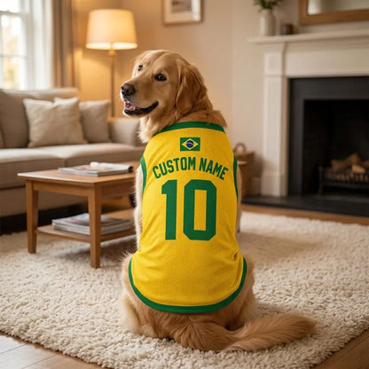 Pet Soccer Brazil Jersey, Team Dog Shirt, Game Day Outfit for Dogs, Brazil Baby Bodysuit, Custom Name Number Shirt