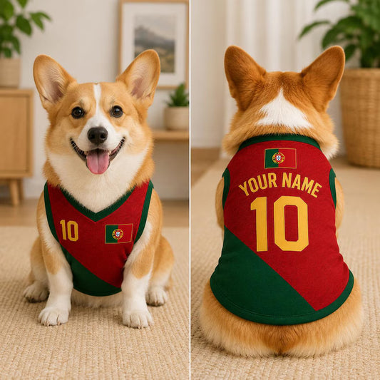 Pet Soccer Portugal Jersey, Team Dog Shirt, Game Day Outfit for Dogs, Football Cat Clothes, Custom Name Number Puppy Football Jersey