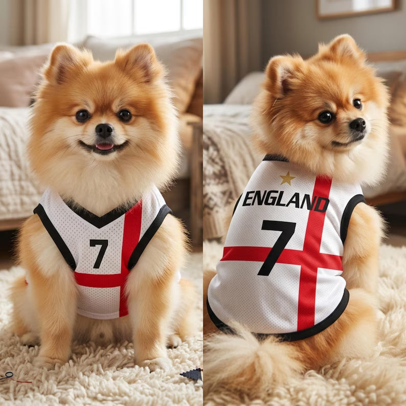 Pet Soccer England Jersey, Team Dog Shirt, Game Day Outfit for Dogs, Football Cat Clothes, Custom Name Number Puppy Football Jersey
