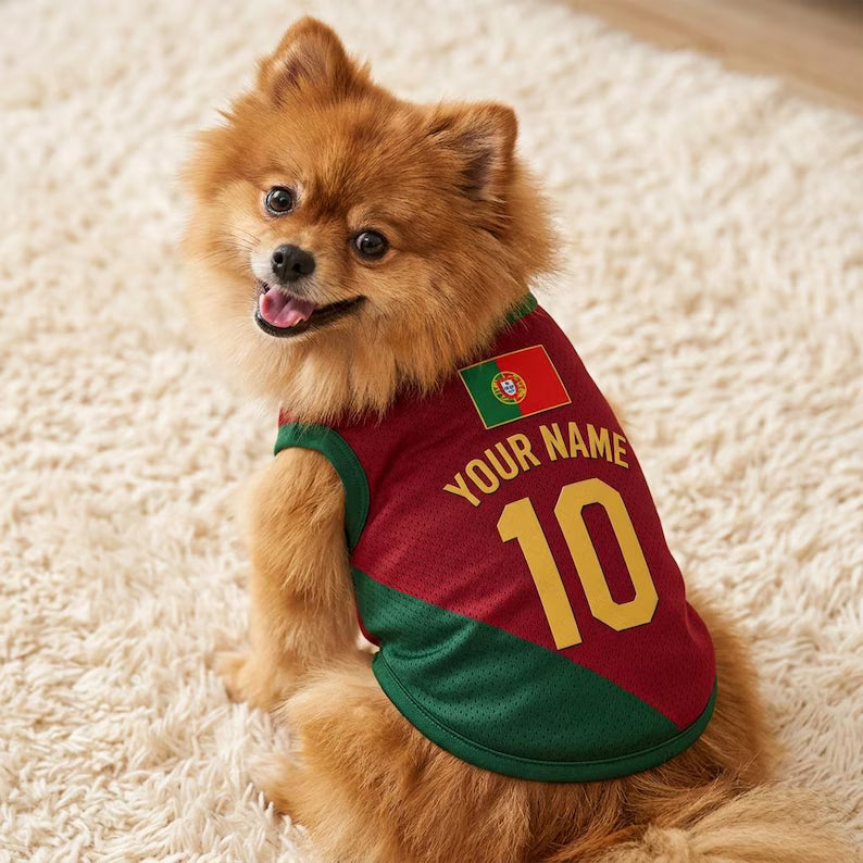 Pet Soccer Portugal Jersey, Team Dog Shirt, Game Day Outfit for Dogs, Football Cat Clothes, Custom Name Number Puppy Football Jersey