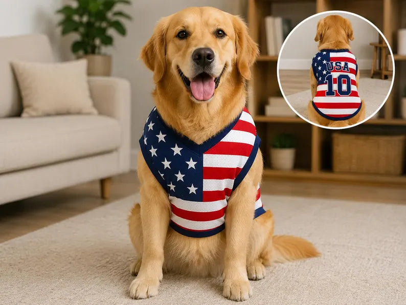Personalized USA Pet Jersey, American Flag Dog Shirt, Custom USA Soccer Pet Outfit, Patriotic Dog Jersey, 4th of July Pet Clothing