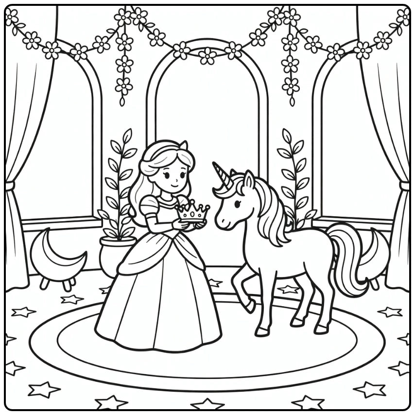 20 Princess and Unicorn Coloring Pages